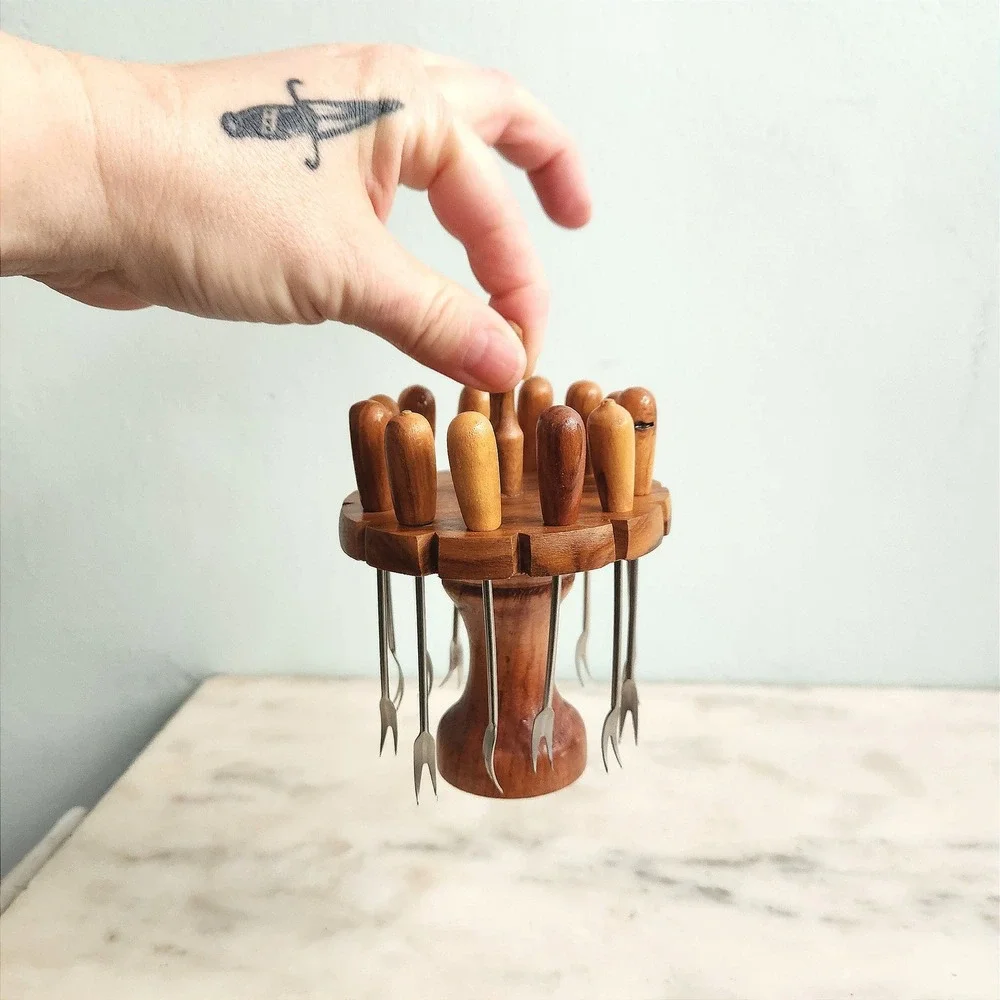 Vintage MCM Olive Wood Cocktail Appetizer Pick Set 12 Piece‎ with Stand